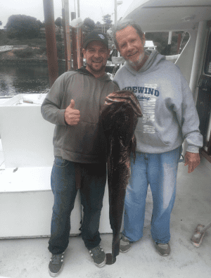 Two fishermen posing with a large fish.
