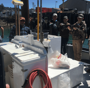 People with fishing gear at sunny harbor area