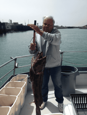 Elderly man holding large fish on boat